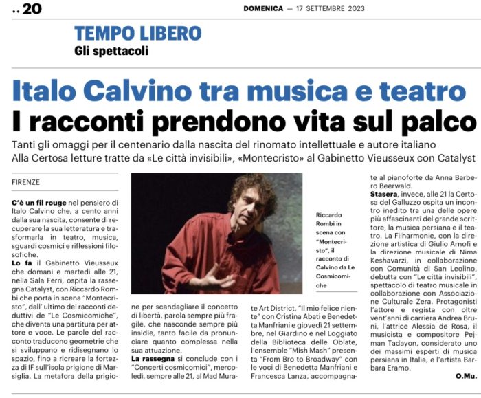 Scopri di più sull'articolo La Nazione: Italo Calvino tra musica e teatro – I racconti prendono vita sul palco