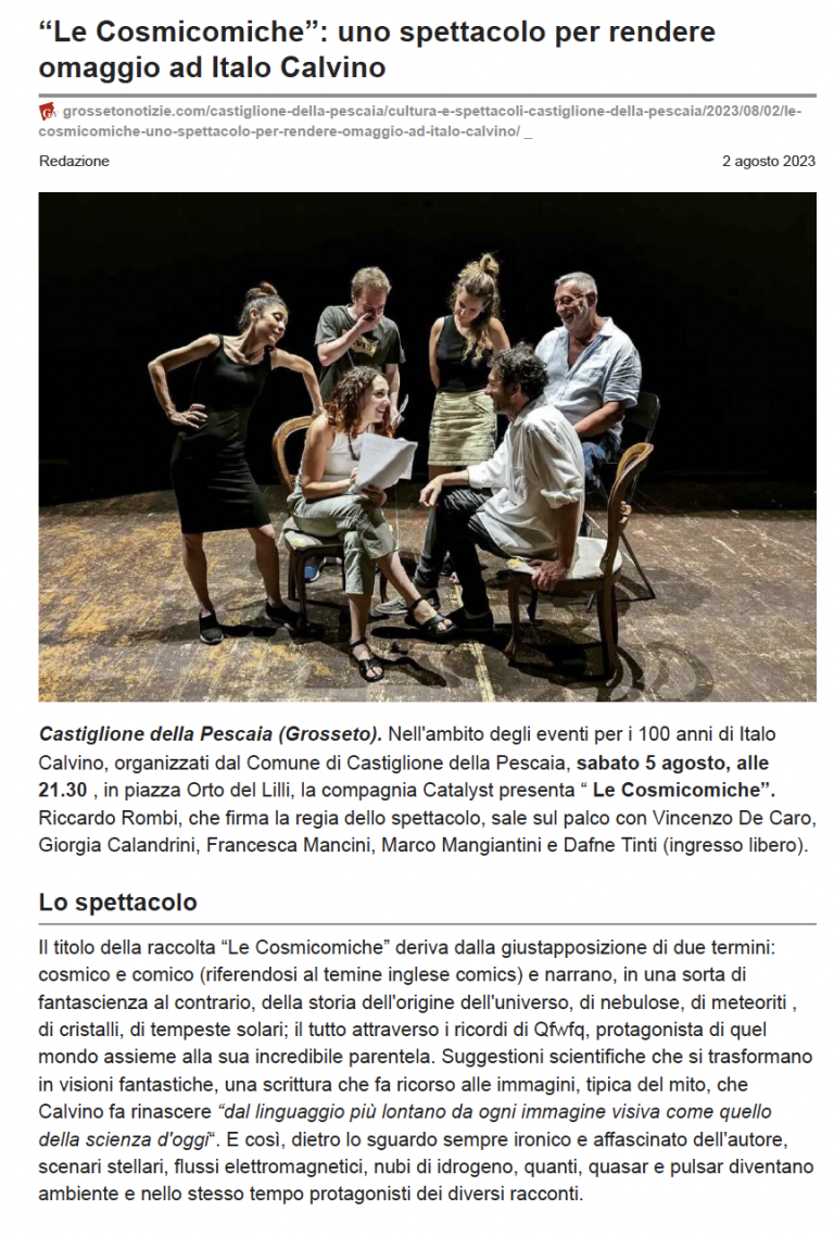 Scopri di più sull'articolo Grossetonotizie: “Le Cosmicomiche”: uno spettacolo per rendere omaggio ad Italo Calvino