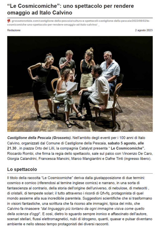 Scopri di più sull'articolo Grossetonotizie: “Le Cosmicomiche”: uno spettacolo per rendere omaggio ad Italo Calvino