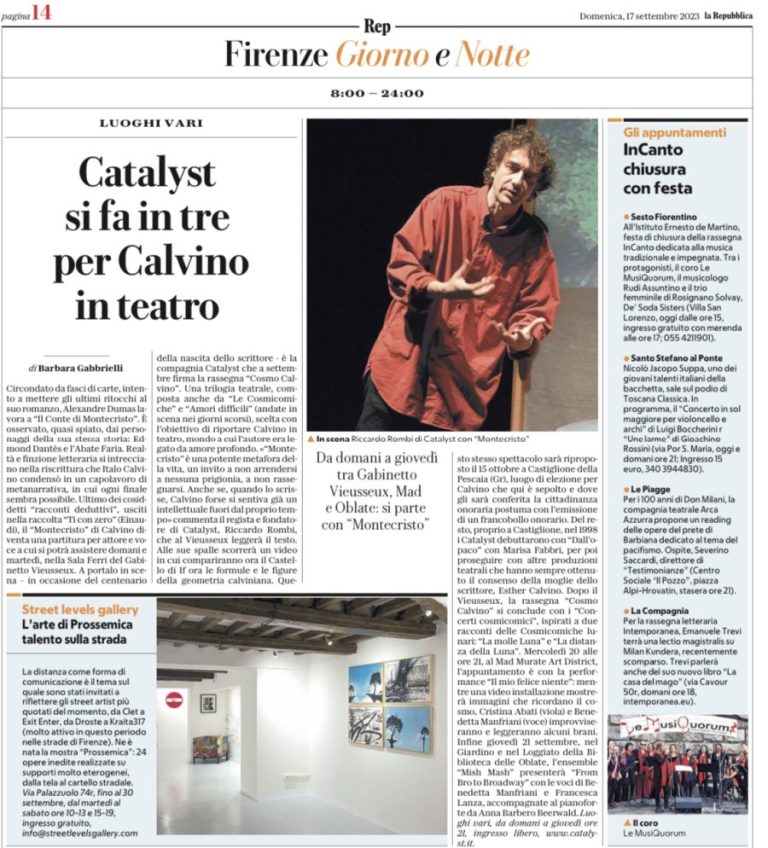 Scopri di più sull'articolo La Repubblica: Catalyst si fa in tre per Calvino in teatro